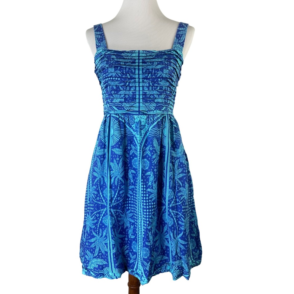 Rachel Zoe‎ Blue Pintuck Smocked Mini Dress Tropical Bird Palm Pockets Womens 6